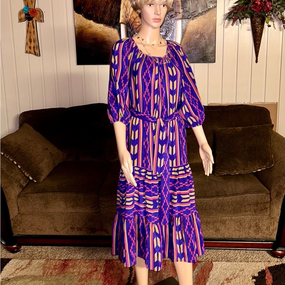Helena • Vtg • Silk • Purple/ Brown Colors • Size 12 • Boho Dress • Aztec Design - Picture 1 of 13